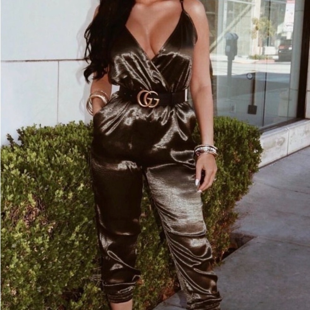 Fashion Nova Shimmering Army Green Jumpsuit